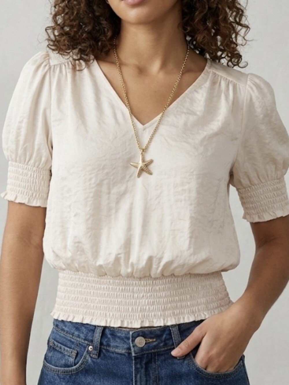 Philosophy Women's Large Cream Rayon Top Blouse Balloon Short Sleeve Cropped